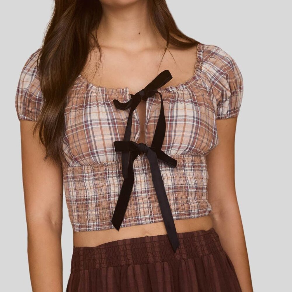 Women's Chocolate Brown White Plaid Cotton Western Prairie Top sz M NWT